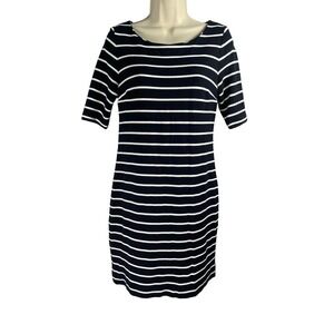 Banana Republic Dress 4 Navy White Stripe Sheath Nautical Knit Exposed Back Zip